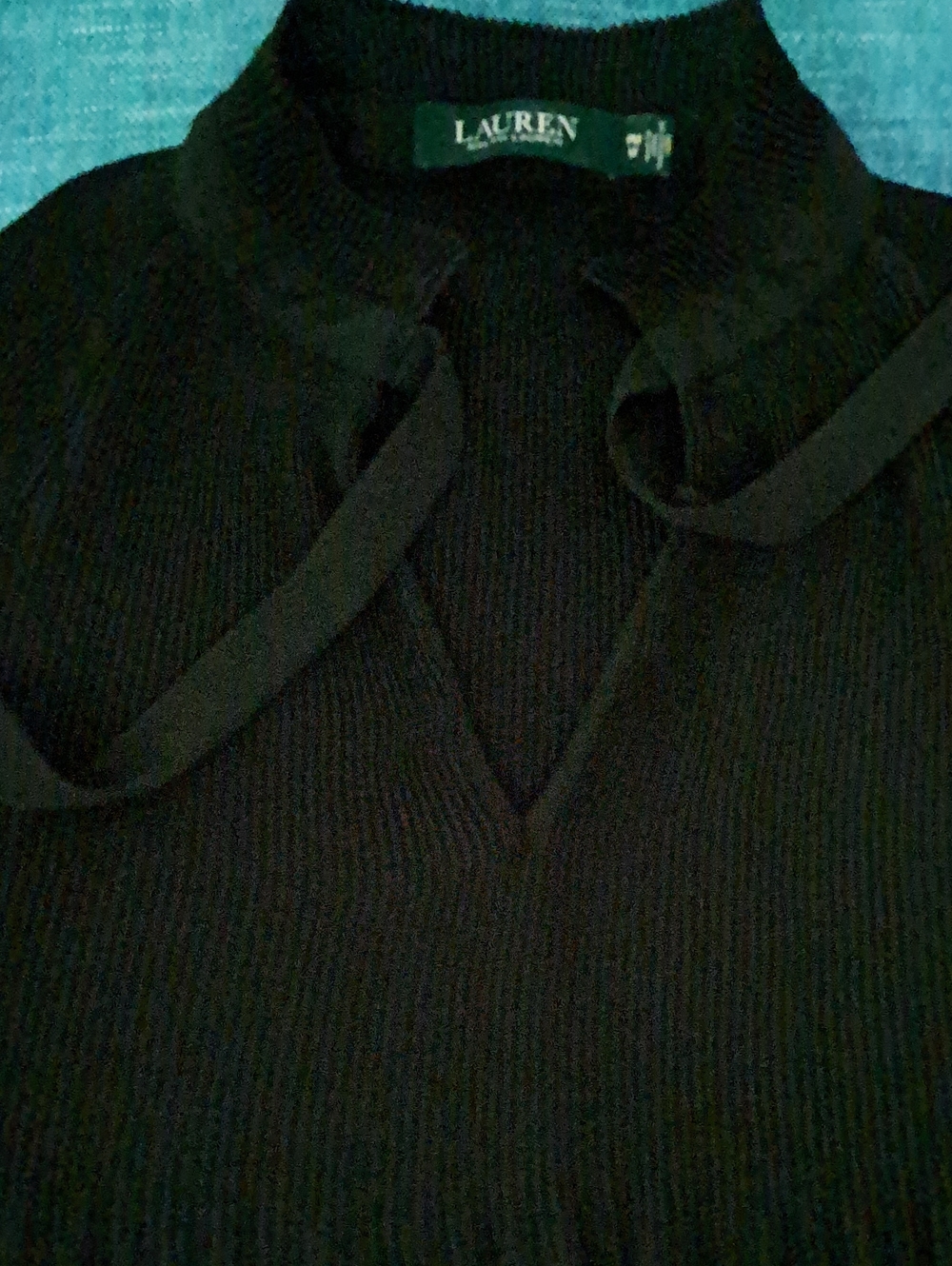 LAUREN Black Ribbed Knit V-Neck Blouse with Tie